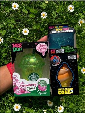 Pink Strawberry Drink Squishy Toy - Green Glitter NeeDoh Glitter and Ice Cream